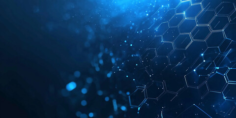 Blue technological background with hexagons and glowing lines on a dark blue background