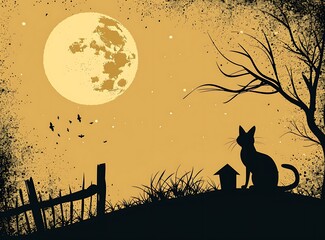 Naklejka premium Black Cat Silhouette Under Full Moon Night Sky