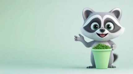 Cheerful Cartoon Raccoon Holding a Potted Plant in Lush Forest Setting