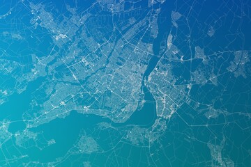 Map of the streets of Montreal (Canada) made with white lines on greenish blue gradient background. 3d render, illustration