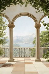 Fototapeta premium Stone Archway Balcony with Mountain View