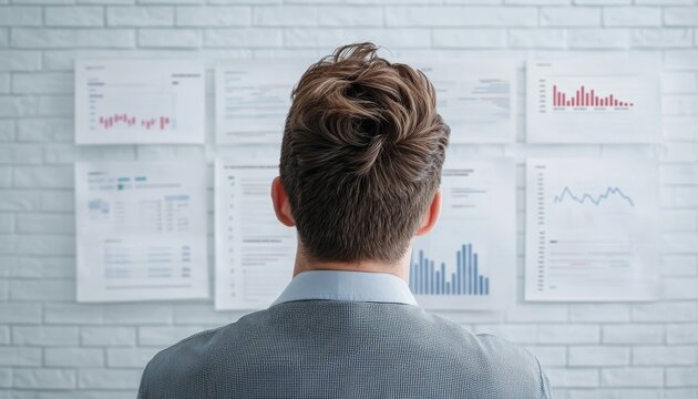 Business manager looking at customer feedback reports on a big screen in an office setting