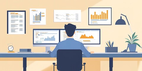 Modern Business Workspace: A modern office setup with a businessman analyzing financial charts on a computer 
