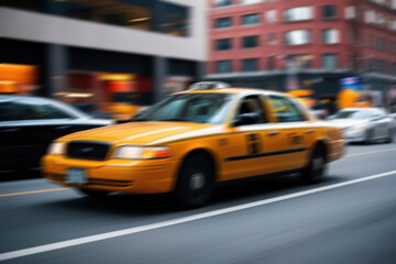 A taxi blurred in motion on a city street, conveying the dynamics and rhythm of city life in an urban landscape