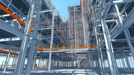 Fototapeta premium Scaffolding and High-Rise Construction: A 3D Vector Illustration of Workers and Building Progress