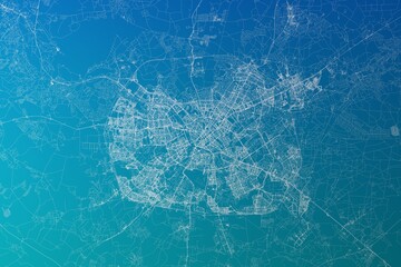 Map of the streets of Minsk (Belarus) made with white lines on greenish blue gradient background. 3d render, illustration