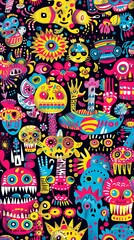 Fototapeta premium Colorful Illustration With Abstract Pattern And Happy Monster Faces