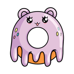 Funny purple cute donut with ears in kawaii style. Dessert isolated vector illustration