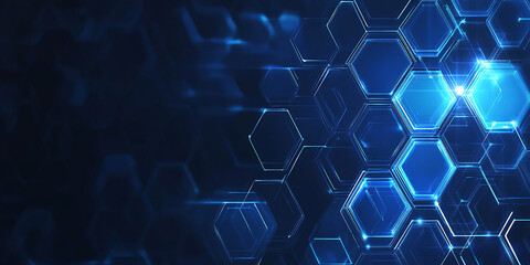 Fototapeta premium Blue technological background with hexagons and glowing lines on a dark blue background