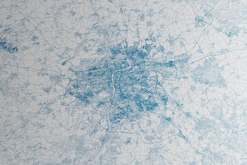 Map of the streets of Prague (Czechia) made with blue lines on white paper. 3d render, illustration