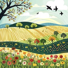 Springtime Landscape with Rolling Hills and Blooming Flowers