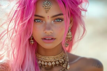 Fototapeta premium striking portrait of a beautiful young indian woman with vibrant pink hair set against a desert backdrop bold makeup and jewelry create a captivating cosmetic advertisement aesthetic