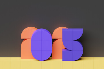 Happy New Year 2025. Volumetric multi-colored Numbers of 2025. Trendy Christmas background. Realistic 3d illustration