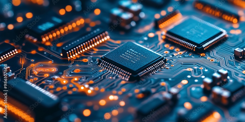Poster microcircuit close-up. theme of new computer technologies and microchips