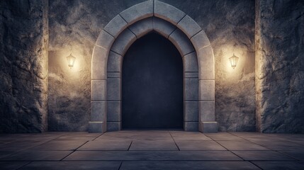 Fototapeta premium A dark stone archway illuminated by vintage lanterns, creating a mysterious and inviting entry to an unknown space.