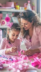 Fototapeta premium Mother and Daughter Crafting Pink Ribbons Together at Home - Symbol of Personal Support