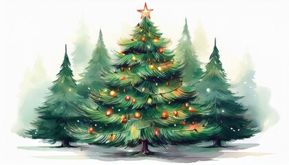 Fototapeta premium Illustration of a decorated Christmas tree with lights, ornaments, and a star on top, set in a snowy pine forest background.