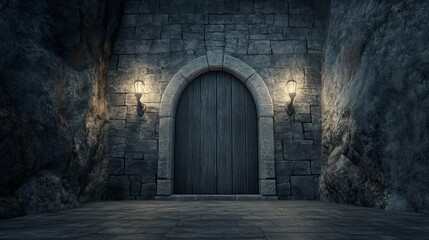Obraz premium A mysterious stone door illuminated by lanterns, set against a rocky wall, perfect for fantasy themes or exploration concepts.