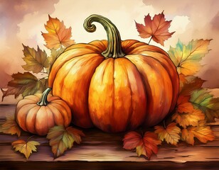 Artistic illustration of pumpkins surrounded by colorful autumn leaves, capturing the essence of fall and seasonal harvest vibes.