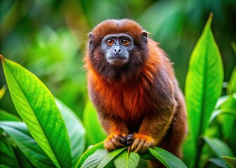 Fototapeta premium The beautiful Titi Monkey resides in its lush habitat, surrounded by rich greenery and colorful jungle foliage, exemplifying the harmony of nature's design.