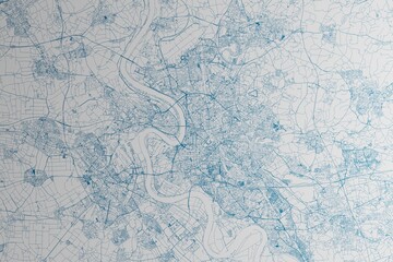 Map of the streets of Dusseldorf (Germany) made with blue lines on white paper. 3d render, illustration