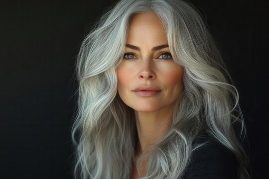 striking portrait of a graceful middleaged woman with flowing silver hair her features enhanced by soft lighting to convey wisdom confidence and natural beauty
