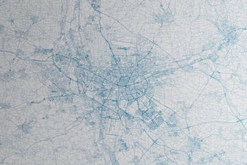 Map of the streets of Nuremberg (Germany) made with blue lines on white paper. 3d render, illustration