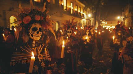 Obraz premium Day of the Dead Nighttime Procession with Traditional Skeleton Costumes and Candlelight Glow