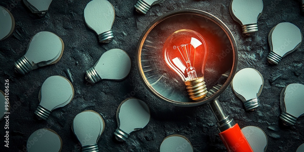 Poster magnifying glass focusing on a target and creativity. a creative light bulb objective generation of 