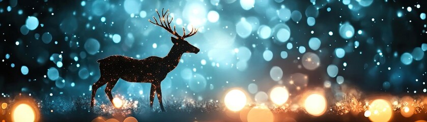 A majestic deer silhouette against a sparkling blue and bokeh background, evoking a sense of wonder and tranquility.