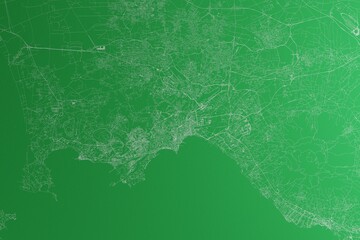 Map of the streets of Naples (Italy) made with white lines on green paper. Rough background. 3d render, illustration