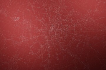 Map of the streets of Padua (Italy) made with white lines on abstract red background lit by two lights. Top view. 3d render, illustration