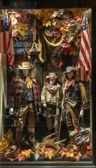 Columbus Day Retail Window Display with Explorer-Themed Mannequins and Autumn Decorations for Holiday Shopping