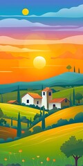 Obraz premium Sunset Over Tuscan Landscape with Houses and Fields