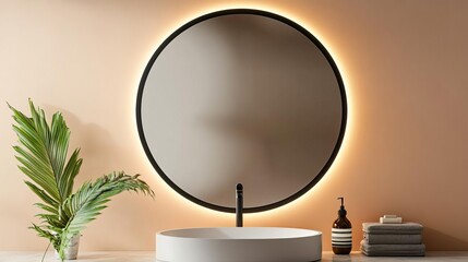 Circular mirror with thin black frame and integrated lighting, minimalist bathroom mirror, modern boldness
