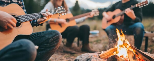 A casual jam session with friends playing guitars and ukuleles by a campfire