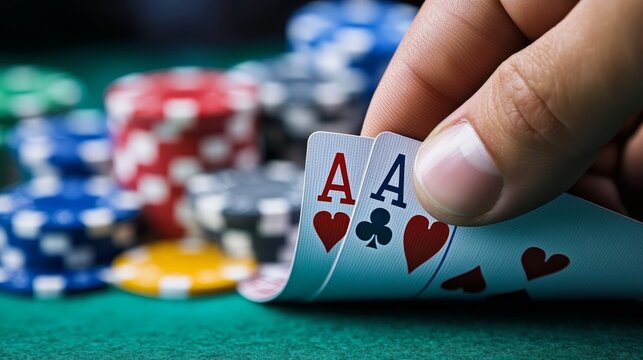 Close-up of a hand holding two aces in poker, with colorful chips scattered on a green felt table, capturing the thrill of gambling.