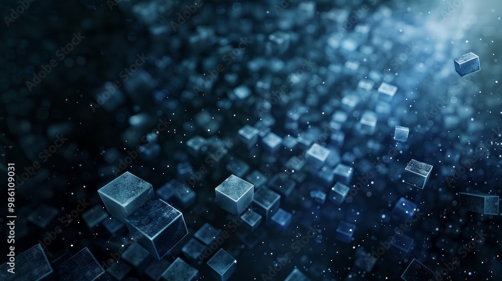 Poster abstract representation of floating cubes in a dark environment, illuminated by soft light. ideal fo