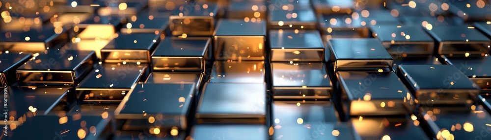Poster abstract background of shiny blocks with golden reflections, creating a modern and futuristic atmosp