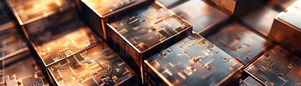 Aufkleber a close-up view of metallic boxes with an intricate reflection, creating an abstract and artistic co