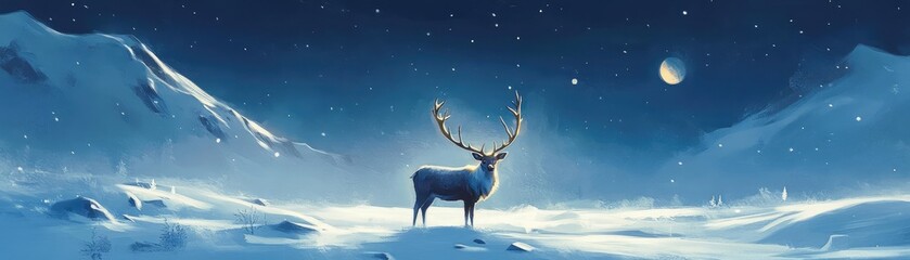 A majestic reindeer stands in a serene snowy landscape, illuminated by a soft moonlight, creating a tranquil winter scene.