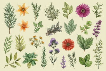 Illustration of a variety of herbs, flowers and spices in a harmonious set, conveying the beauty of nature and the richness of the plant world