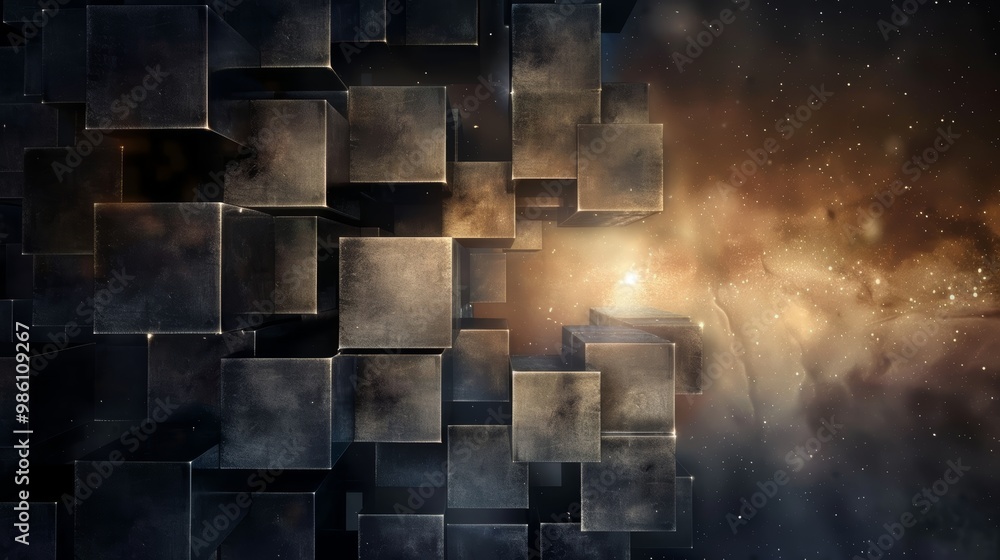 Poster abstract composition of glossy cubes in a cosmic setting, highlighting depth and light against a dar