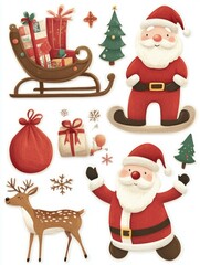 Christmas stickers, Santa in his red suit, reindeer with a red nose, sleigh filled with gifts.