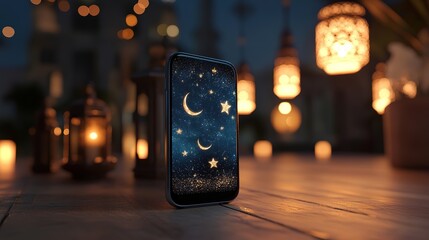 A smartphone displaying a starry night background, surrounded by glowing lanterns, creating a cozy, enchanting atmosphere.