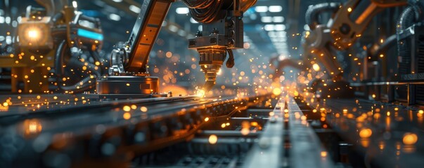 Industrial robotic arm welding metal with sparks in a factory setting.