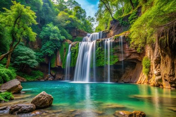 Fototapeta na wymiar The roar of the waterfall subsides as the crystal clear water flows into a tranquil pool, nestled among lush foliage and dramatic rock faces.