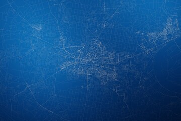 Stylized map of the streets of Bydgoszcz (Poland) made with white lines on abstract blue background lit by two lights. Top view. 3d render, illustration