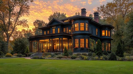 stunning colonialstyle mansion bathed in golden sunset light wraparound porch with elegant columns lush landscaping warm color palette inviting and timeless architectural beauty