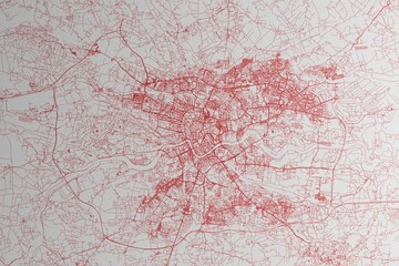 Map of the streets of Krakow (Poland) made with red lines on white paper. 3d render, illustration